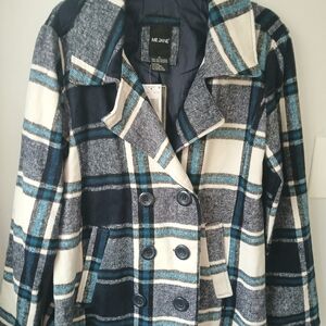 Me Jane Women's Plaid Coat - Blue and White